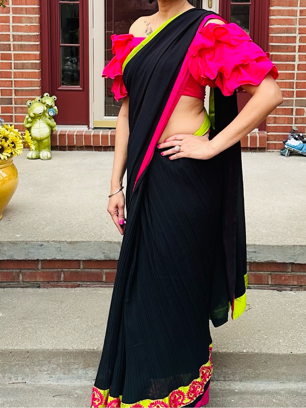 Black Saree with Hot Pink & Lime Green Accents